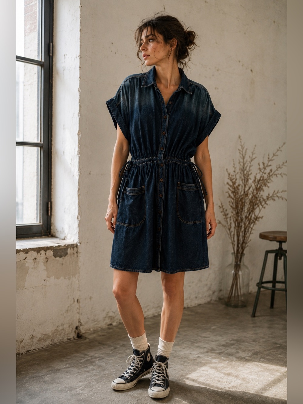Japanese Minimalist Denim Shirt Dress Utility Tie Waist Oversized L
